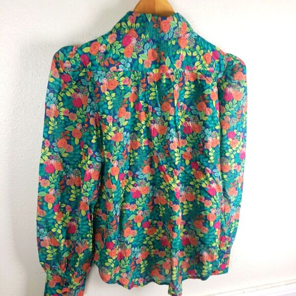 Women's Rosie Vines Bright Floral Puff Shoulder Button Up Shiry Size PM - Picture 4 of 9